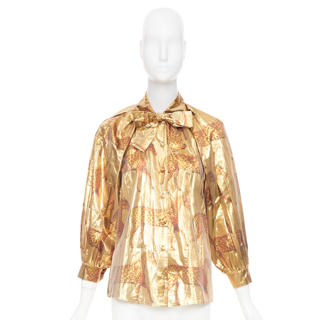 rare GUCCI 2016 horse metallic lurex animal print pussy bow blouse top IT36 XXS