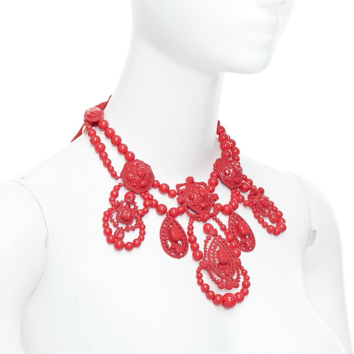 LANVIN H&M red metal chandelier ribbon tie back statement necklace