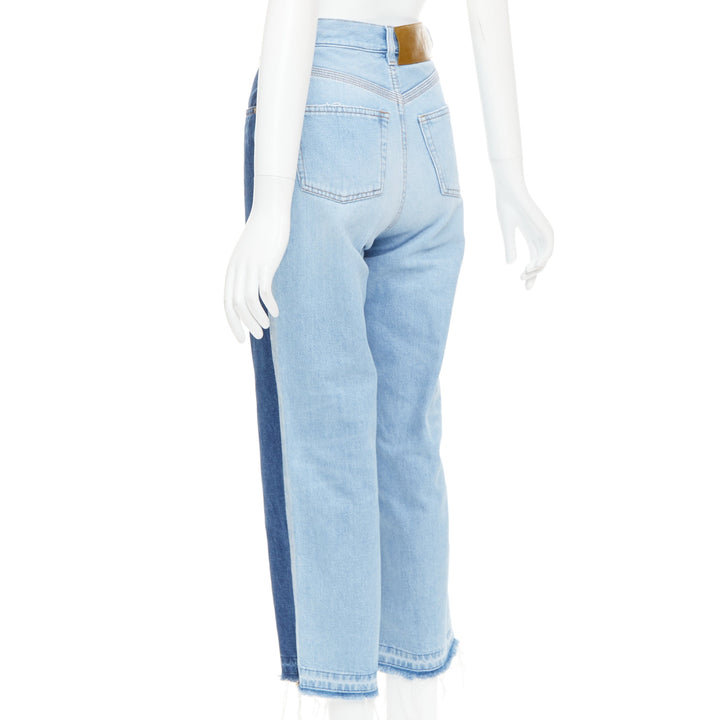 LOEWE blue washed frayed edge mismatch patchwork cropped jeans FR34 XS