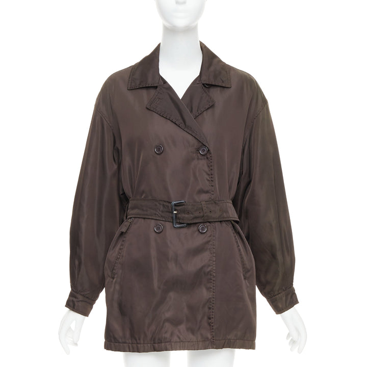 PRADA brown low sheen nylon double breasted short trench coat