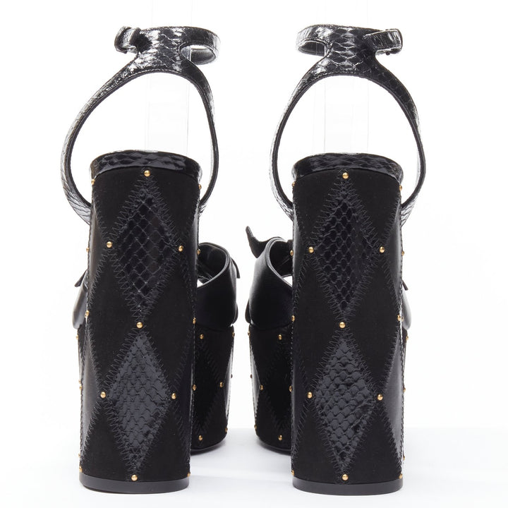 SAINT LAURENT Paige 85 Runway black patchwork stud platform sandals EU37