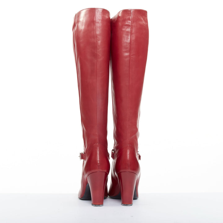 ROGER VIVIER red calfskin leather silver square buckles block heel boots EU37.5