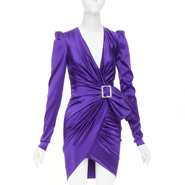 ALEXANDRE VAUTHIER crystal buckle draped purple silk satin mini dress FR34 XS