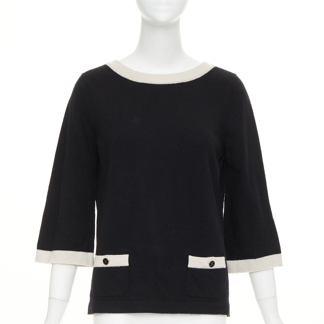 CHANEL black 100% cashmere white contrast trim CC button pocket pullover FR40 L