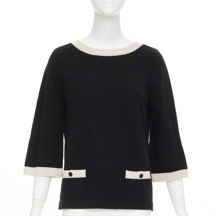 CHANEL black 100% cashmere white contrast trim CC button pocket pullover FR40 L