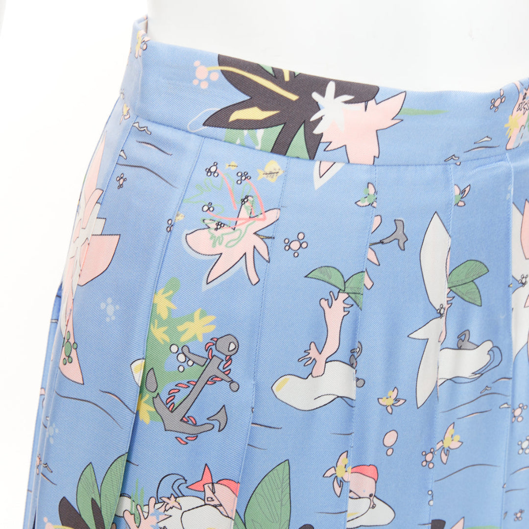 THOM BROWNE blue cartoon beach island pleated side slit raw silk skirt IT38 XS