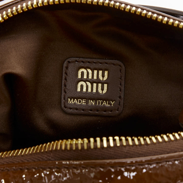 MIU MIU 2024 brown Naplak patent leather gold logo mini pouch bag