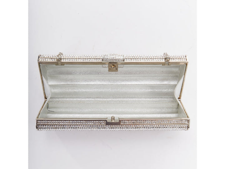 JUDITH LEIBER silver crystal encrusted metal clasp chained minaudiere clutch bag