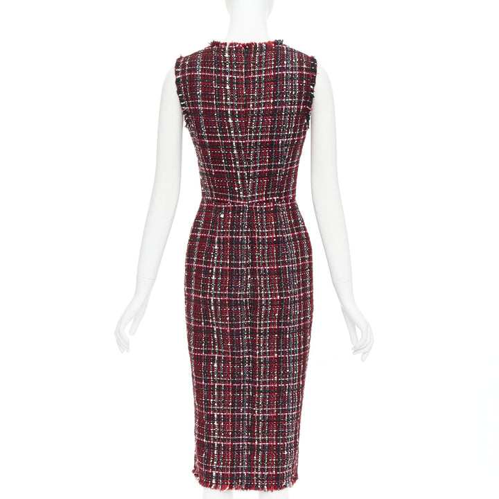 ALEXANDER MCQUEEN 2018 red black tartan tweed front slit shift dress IT38 XS