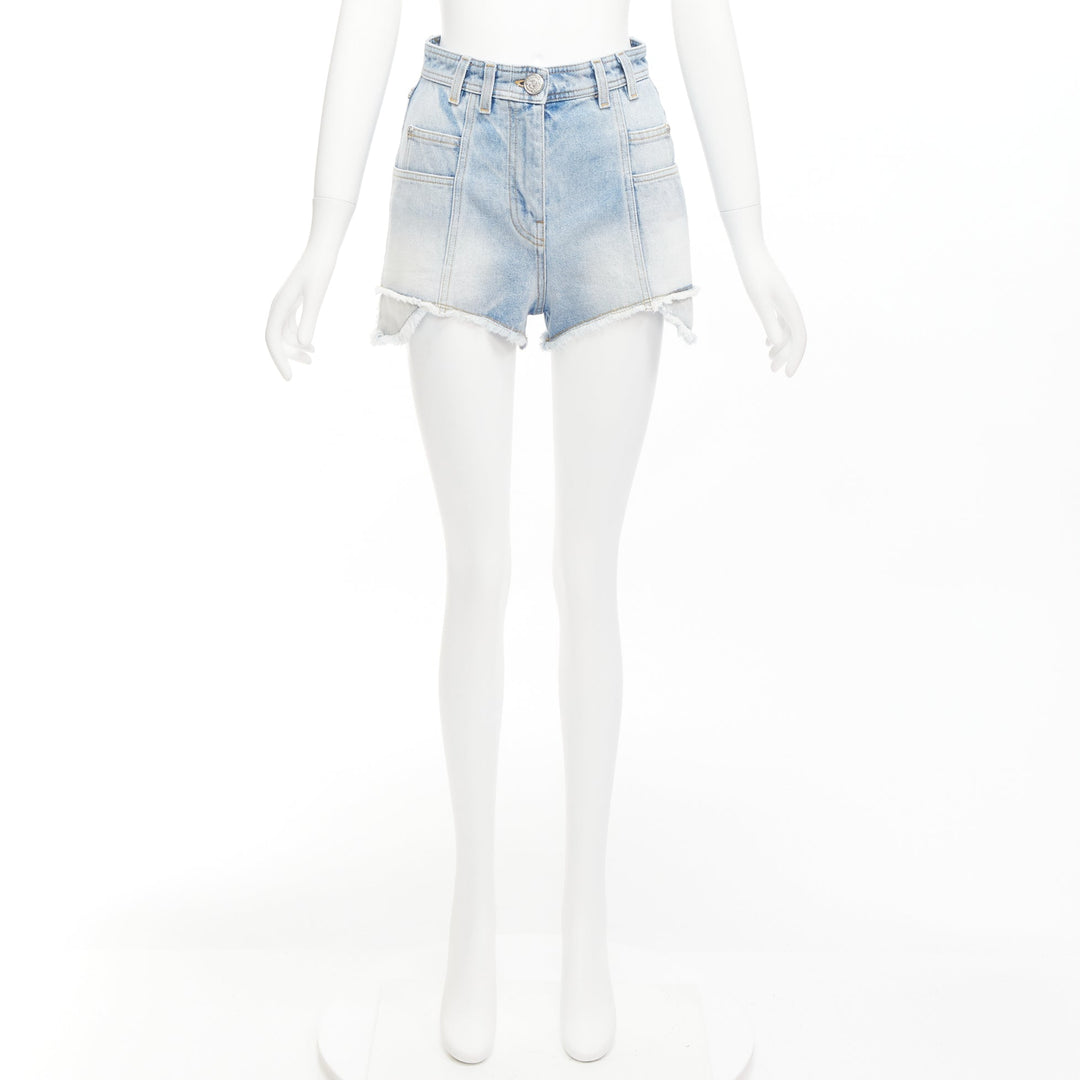 BALMAIN blue washed cotton denim panel pockets cut cutaway cargo shorts FR36 S