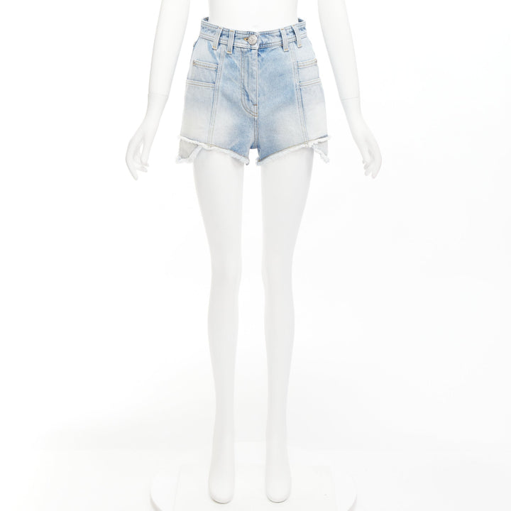 BALMAIN blue washed cotton denim panel pockets cut cutaway cargo shorts FR36 S