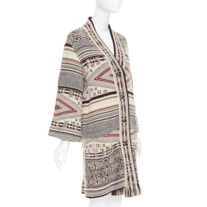 ETRO brown burgundy nude wool silk ethnic knit cardigan coat IT40 S