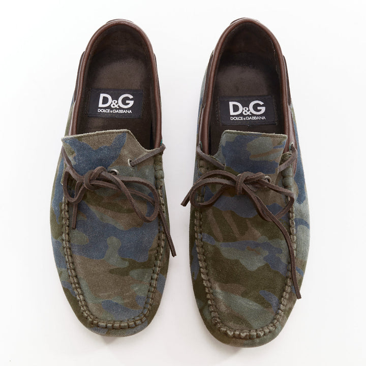 DOLCE GABBANA green brown camouflage suede driving loaers shoes EU39