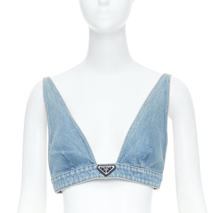 PRADA blue denim triangle logo seal plaque bra top IT42 M