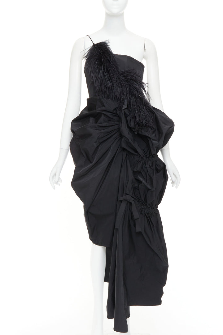 rare DRIES VAN NOTEN Lacroix 2020 Runway black taffeta ostrich ruffle gown FR38