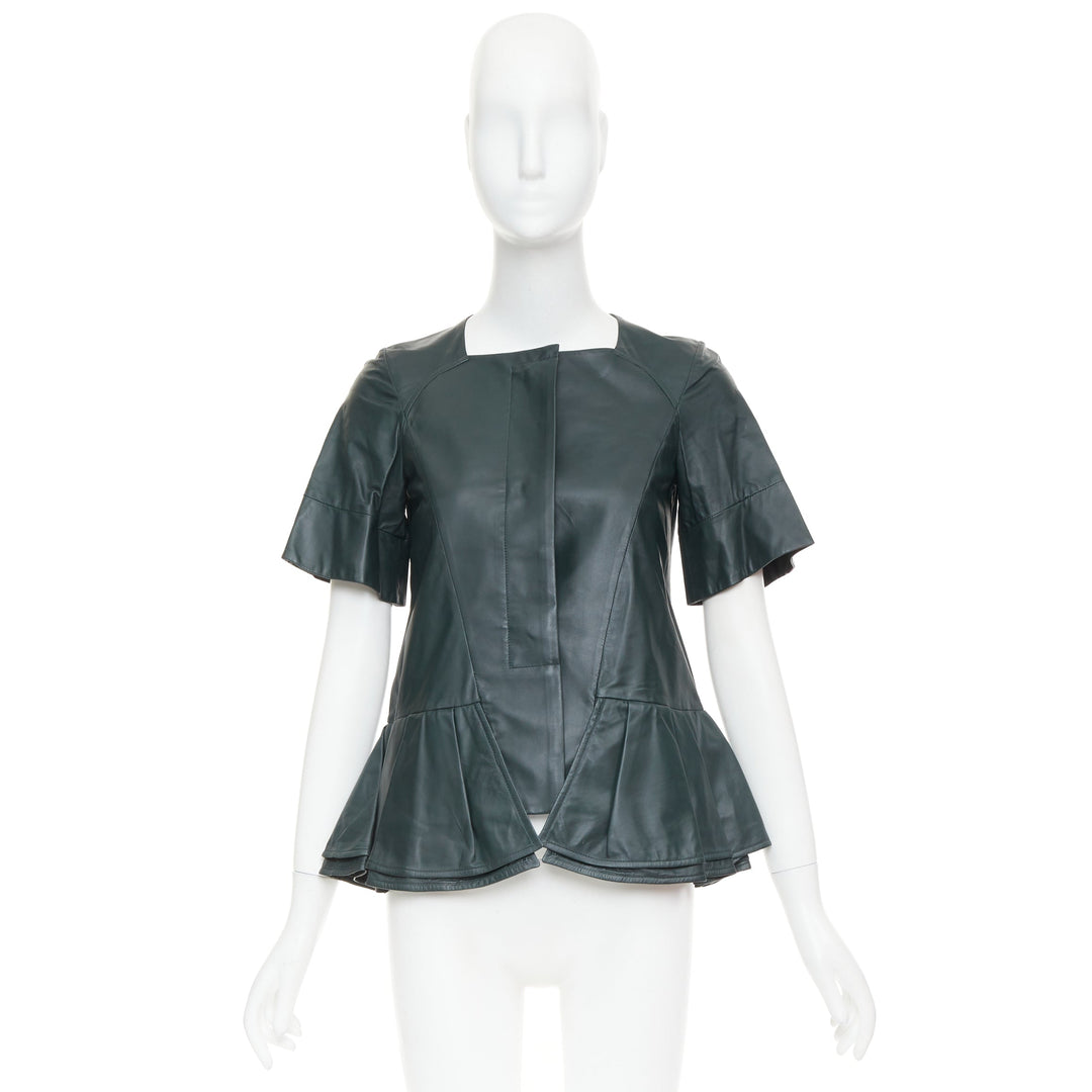MARNI dark green nappa lamb leather panelled ruffled peplum jacket IT38 XS
