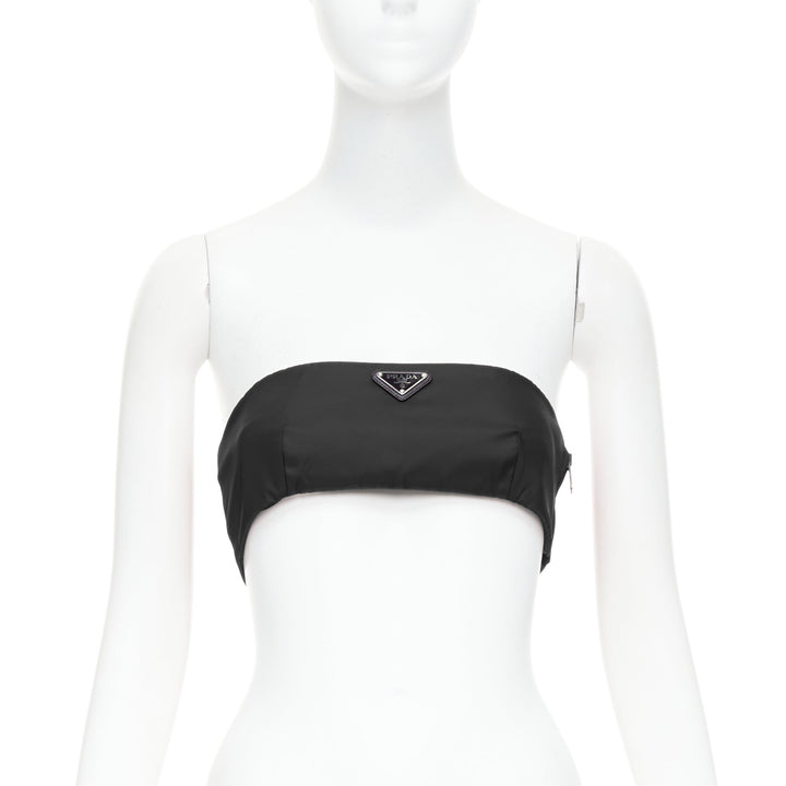 PRADA Re-Nylon black triangle logo plate strapless bustier tube top IT42 M