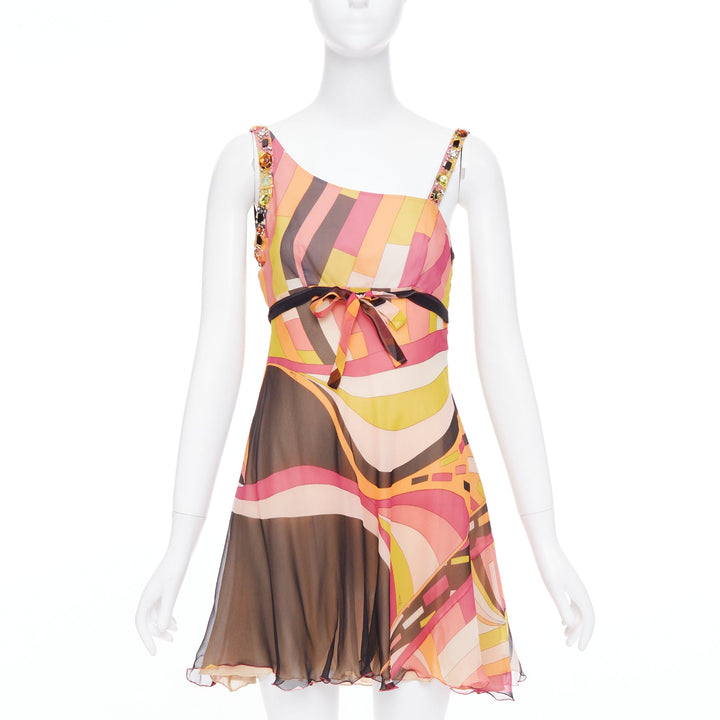 EMILIO PUCCI pink orange hue 100% silk kaleidoscopic swirl beaded dress IT40 S