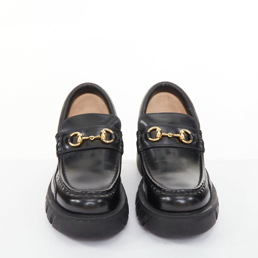 GUCCI Harald black leather chunky signature horsebit lug platform loafers EU37.5