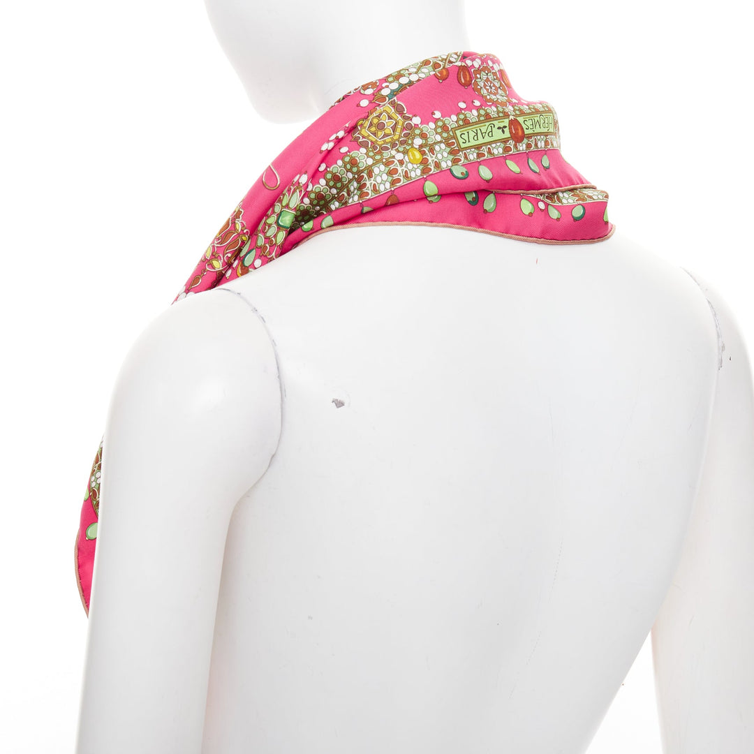 HERMES Parures des Maharajas pink green 100% silk jewel print scarf 90cm