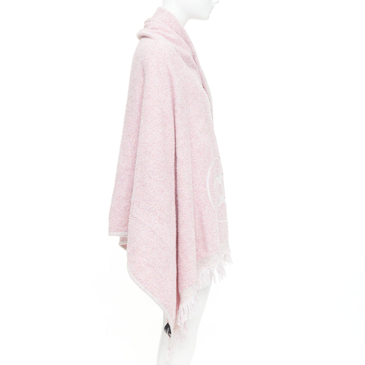 CHANEL Vintage Cruise pink cotton boucle white CC logo fringe trim beach towel
