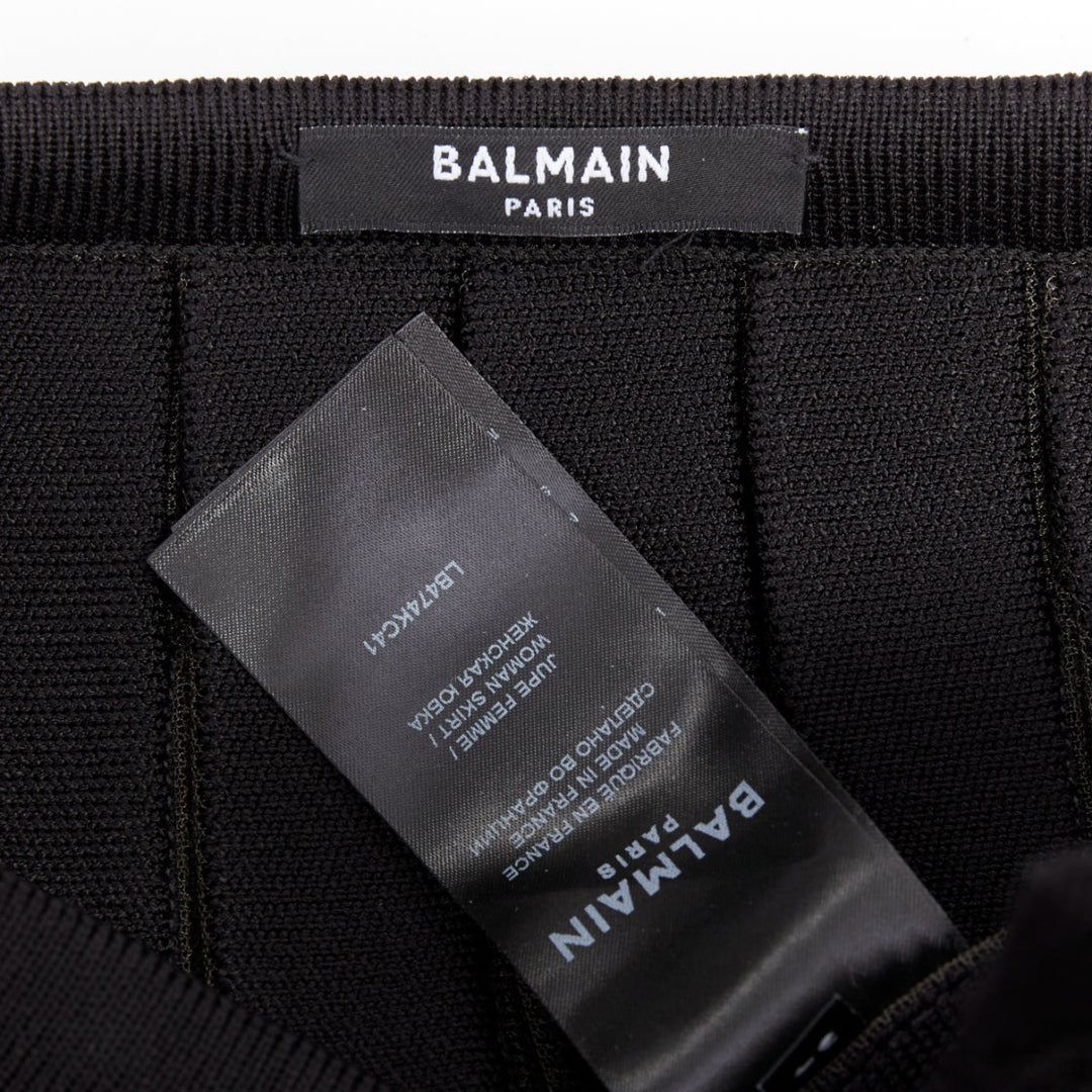 BALMAIN black gold lion buttons diamond grid knit pleated mini skirt FR34 XS