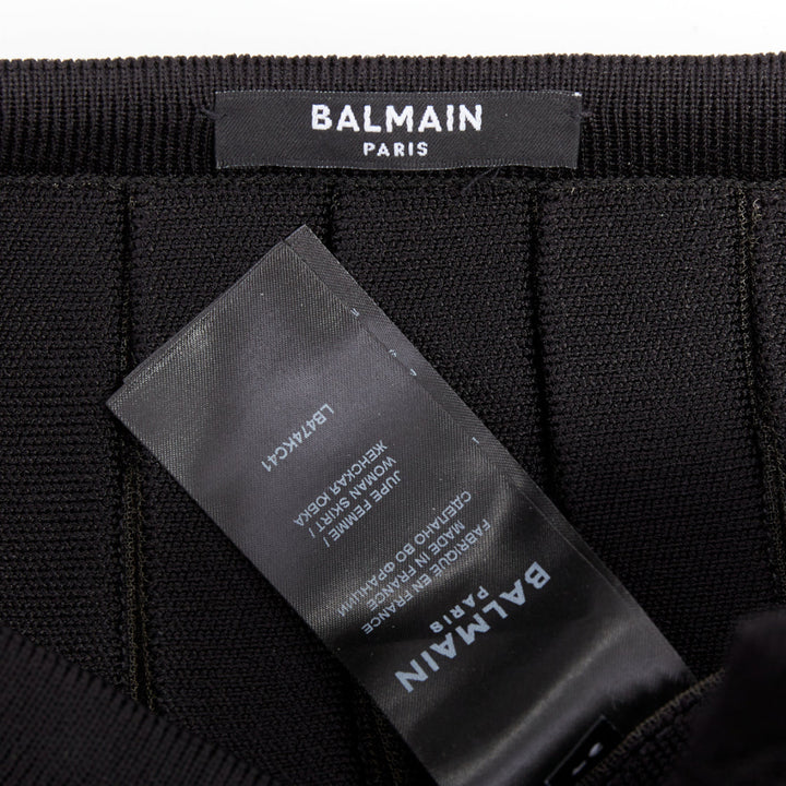 BALMAIN black gold lion buttons diamond grid knit pleated mini skirt FR34 XS