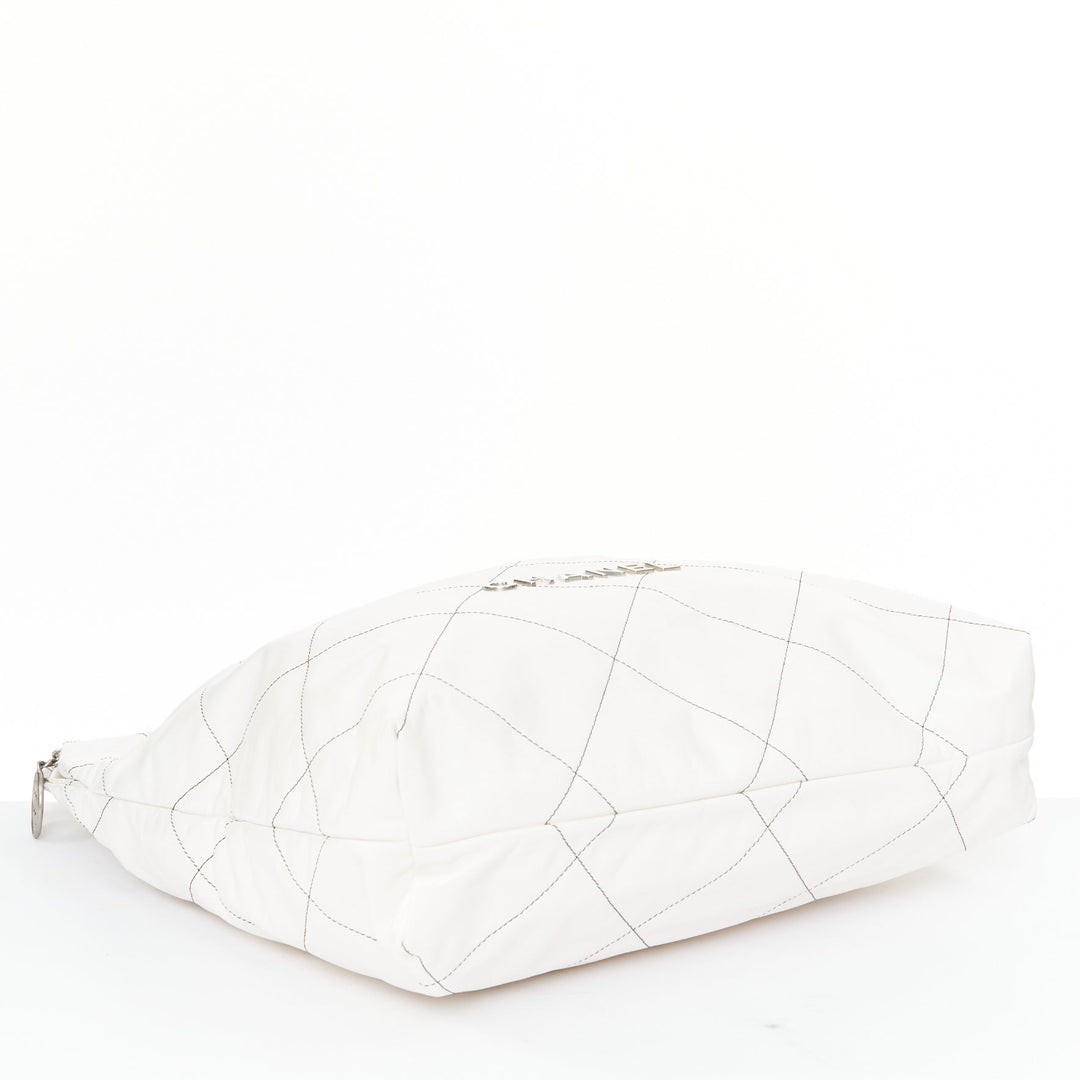 CHANEL 2022 Runway 22 Medium white quilted shiny calfskin silver hobo bag