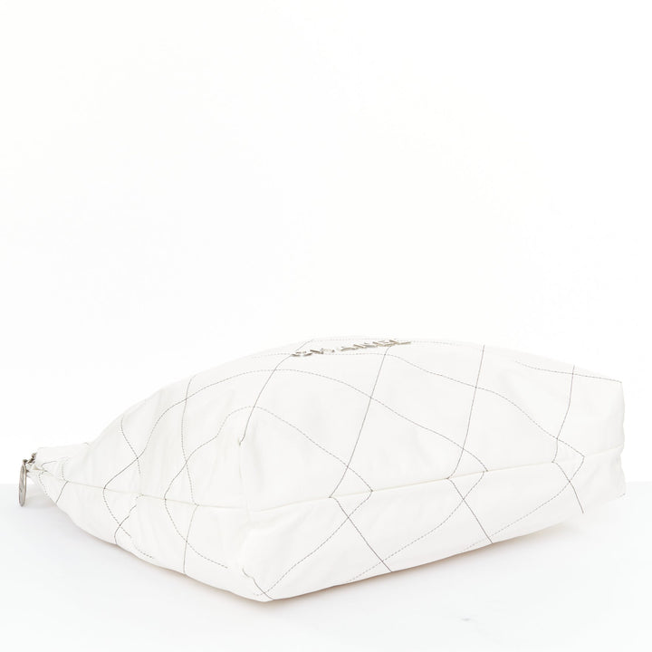 CHANEL 2022 Runway 22 Medium white quilted shiny calfskin silver hobo bag