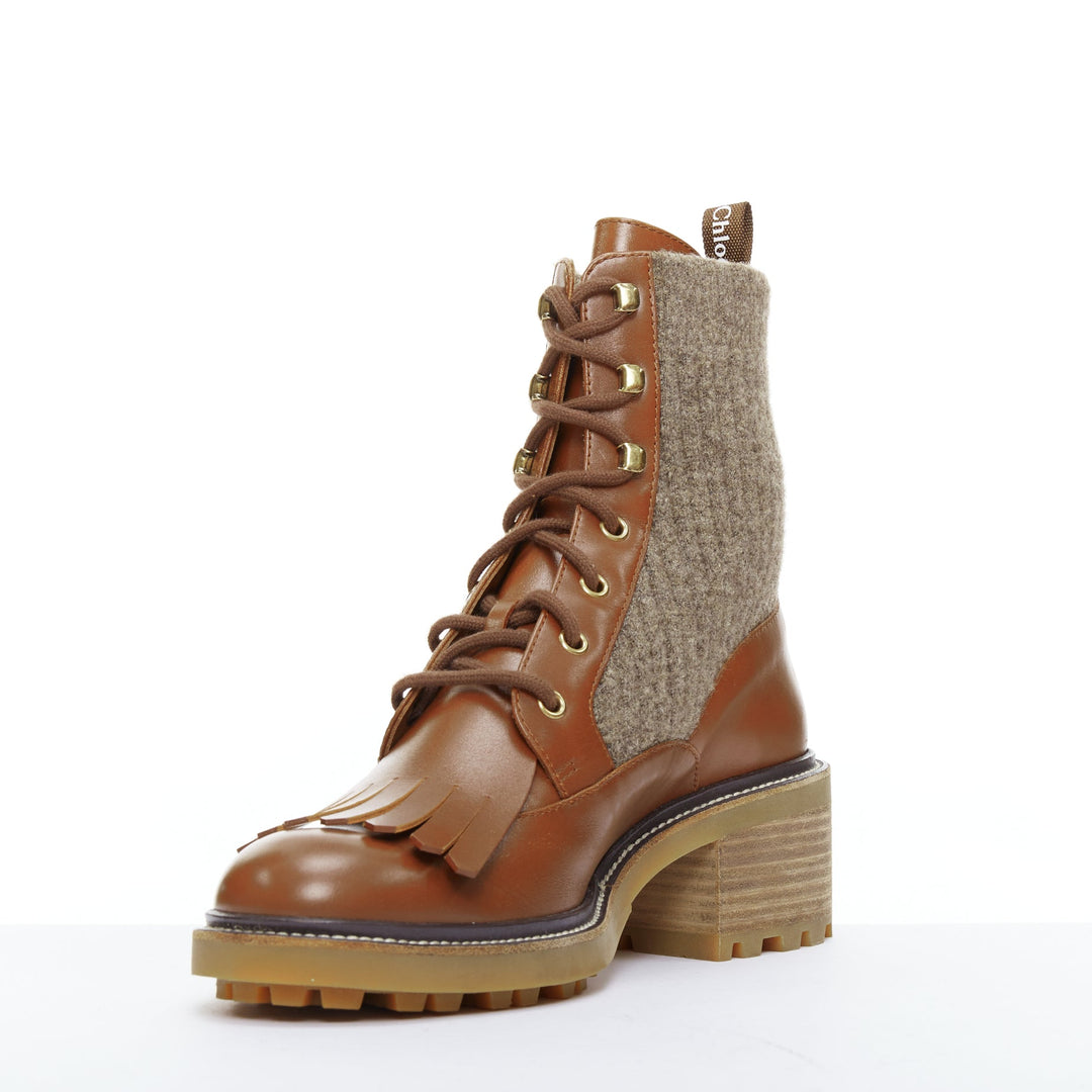 CHLOE Franne khaki fabric trimmed brown combat ankle boots EU40