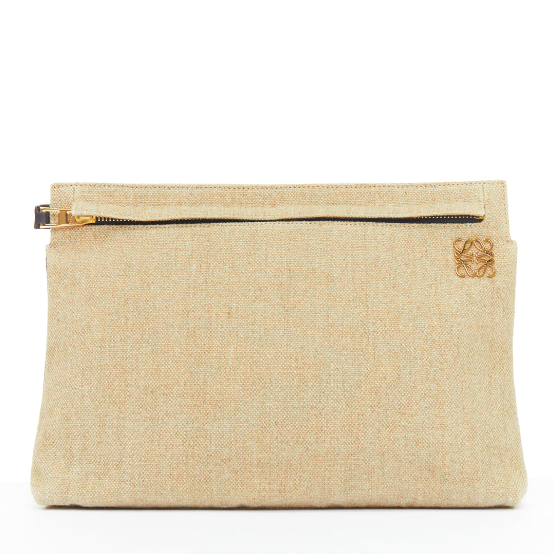 LOEWE T Pouch beige linen canvas gold anagram dark zip slot clutch bag