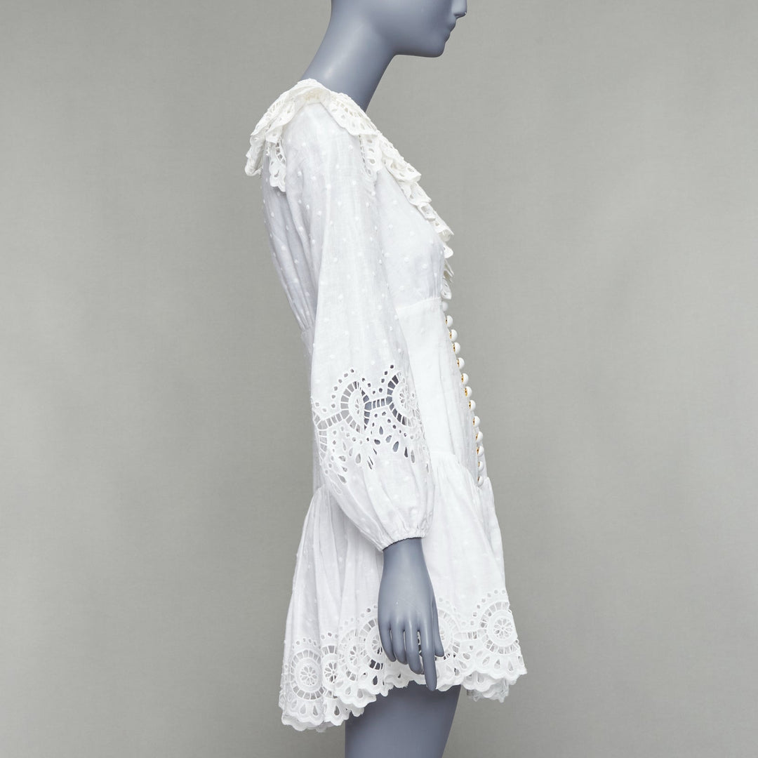 ZIMMERMANN Bellitude white linen lace victorian buttons scalloped dress Sz.1 S