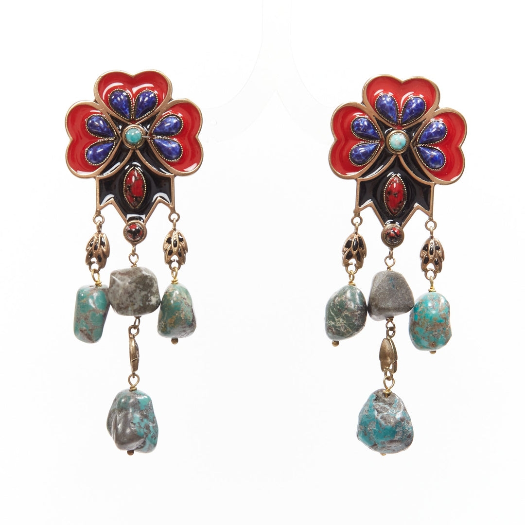 ETRO red blue enamel flower drop stone gold drop clip on earrings pair