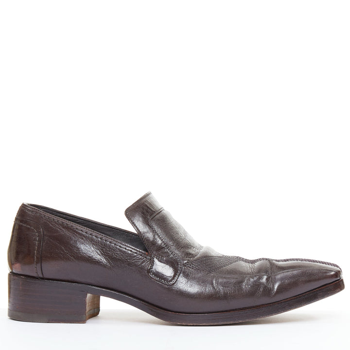 YVES SAINT LAURENT dark brown leather Y overstitch square toe loafers UK7 EU41