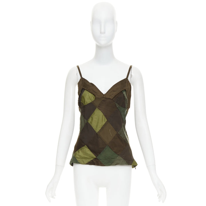 COMME DES GARCONS TRICOT 2003 green camo grid patchwork camisole tank top S