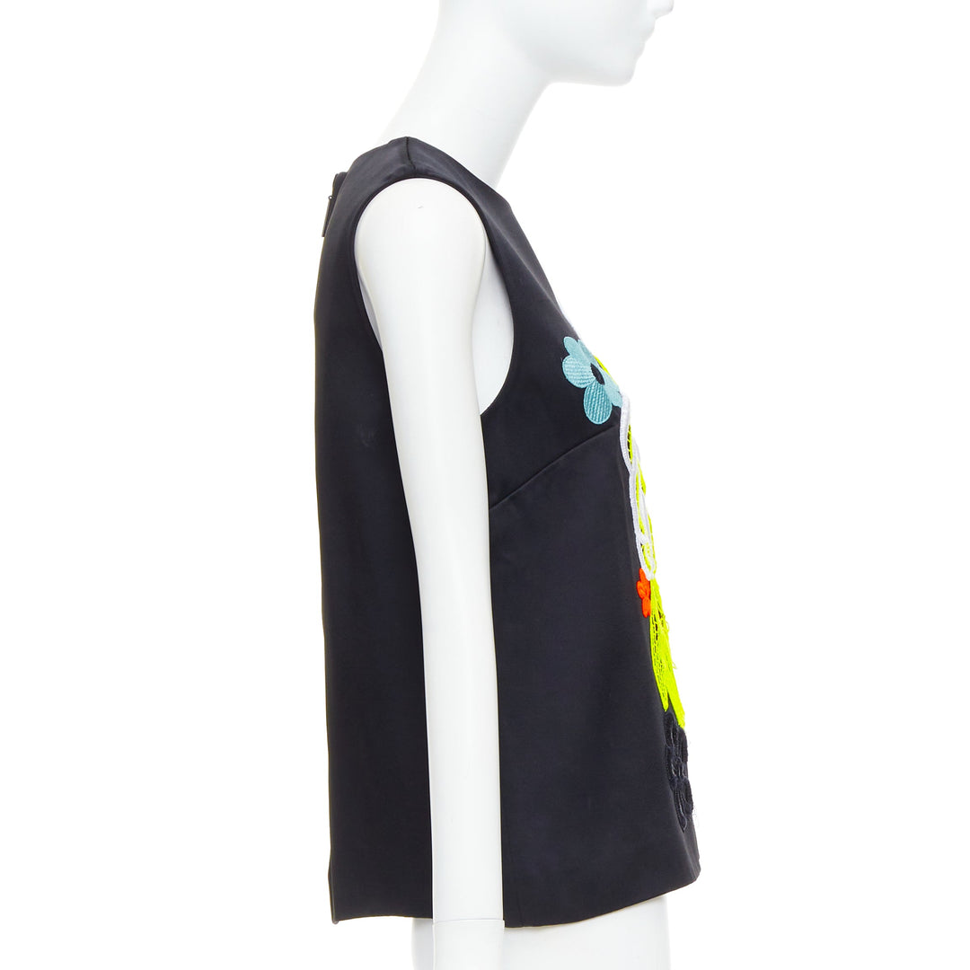 CHRISTOPHER KANE 2016 black neon floral embroidered front vest top UK12 L