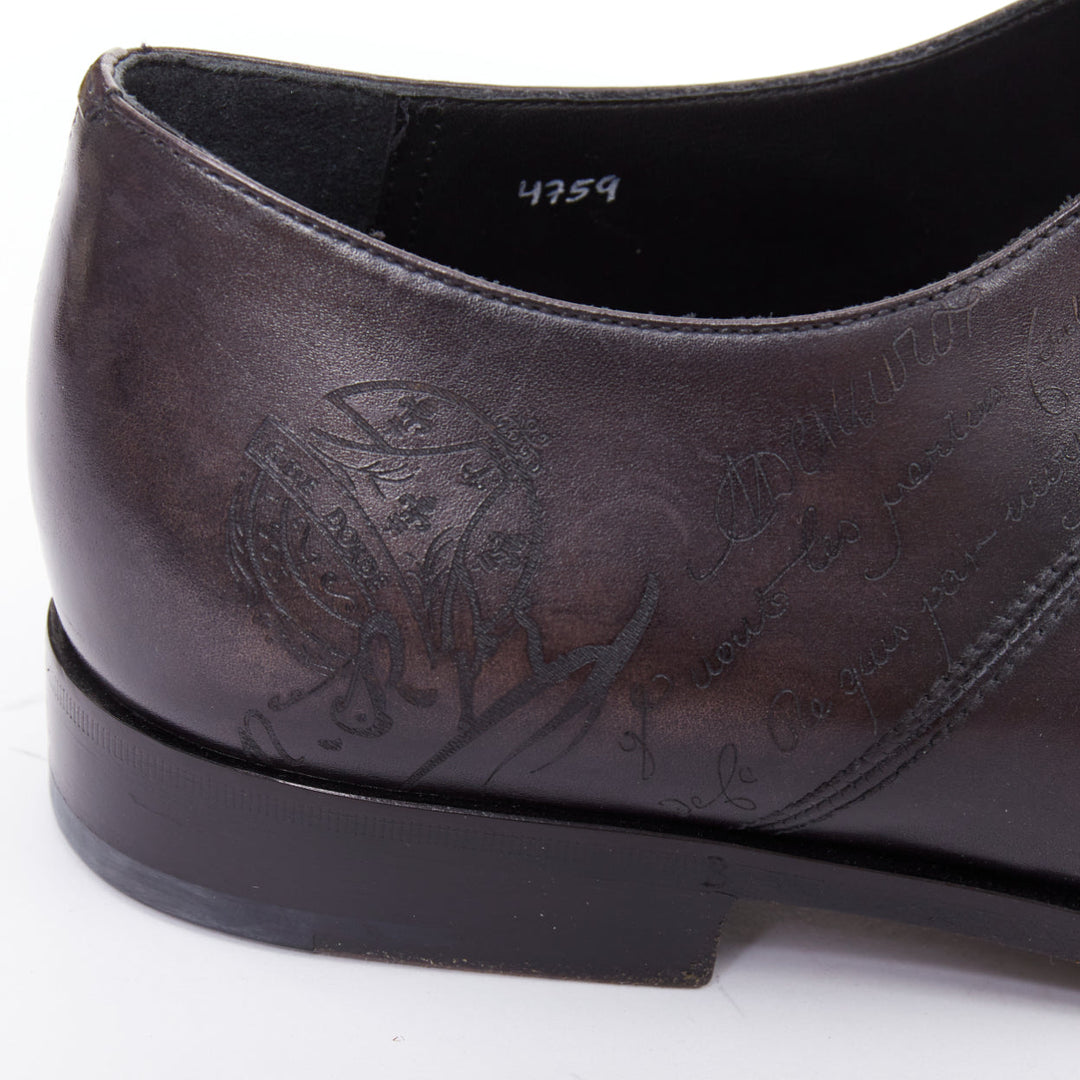 BERLUTI Alessandro grey calf leather Scritto calligraphy loafer shoes UK8 EU41