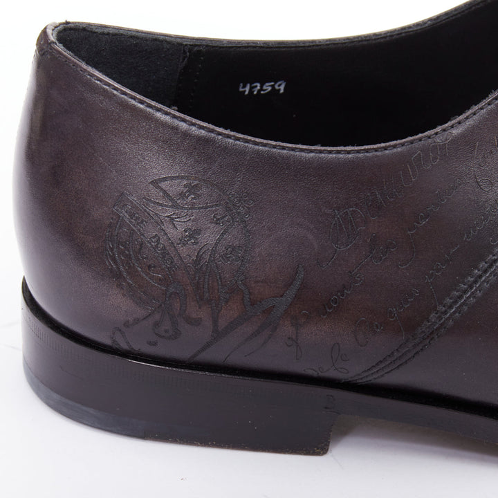 BERLUTI Alessandro grey calf leather Scritto calligraphy loafer shoes UK8 EU41