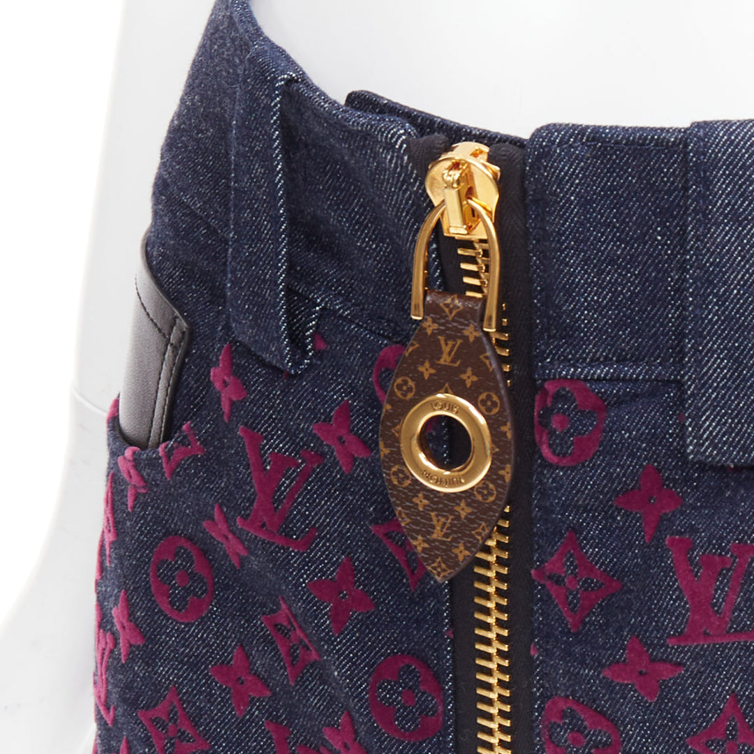 LOUIS VUITTON Flocked Monogram burgundy blue monogram denim shorts XS