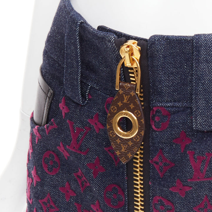 LOUIS VUITTON Flocked Monogram burgundy blue monogram denim shorts XS
