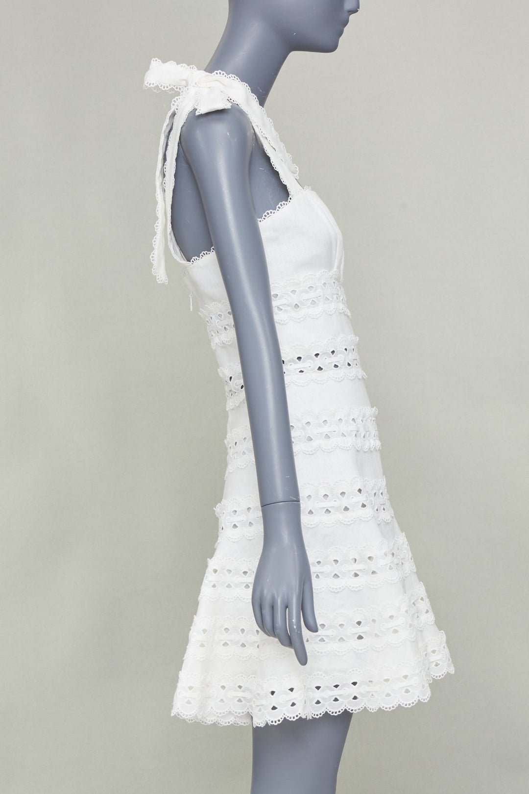 ZIMMERMANN 2020 Kirra Tie Shoulder white linen eyelet lace mini dress Sz1 S