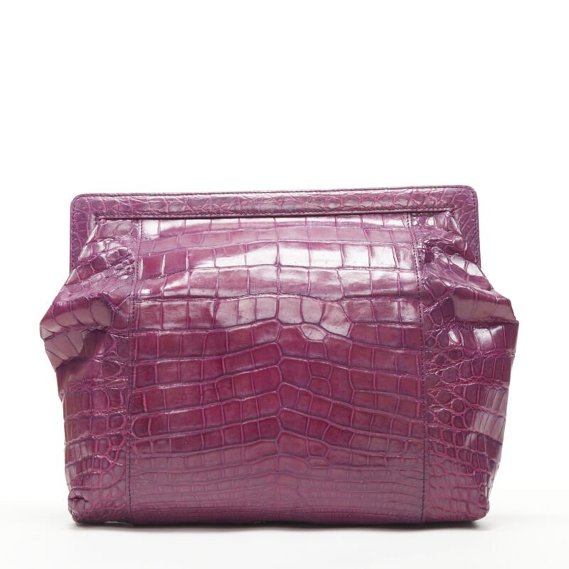 Purple scaled leather angular frame pouch clutch bag
