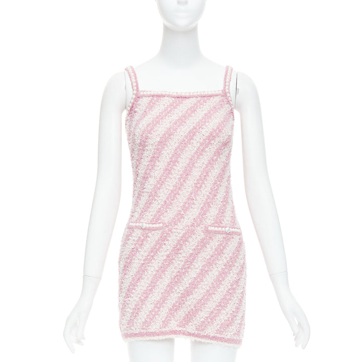 CHANEL 23S pink white cotton blend striped tweed CC mini dress FR34 XS