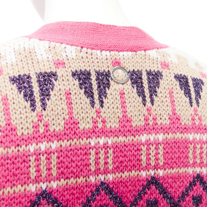 PACO RABANNE pink wool blend metallic fairisle pearl button cropped cardigan XS
