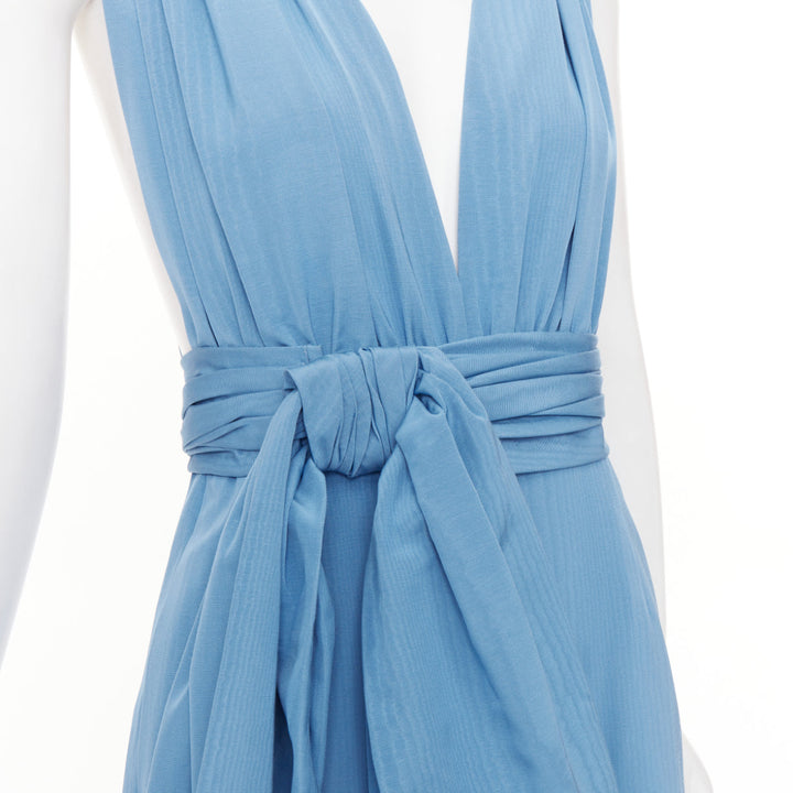 OSCAR DE LA RENTA S20 Runway sky blue moire faille sash tie jumpsuit US0 XS
