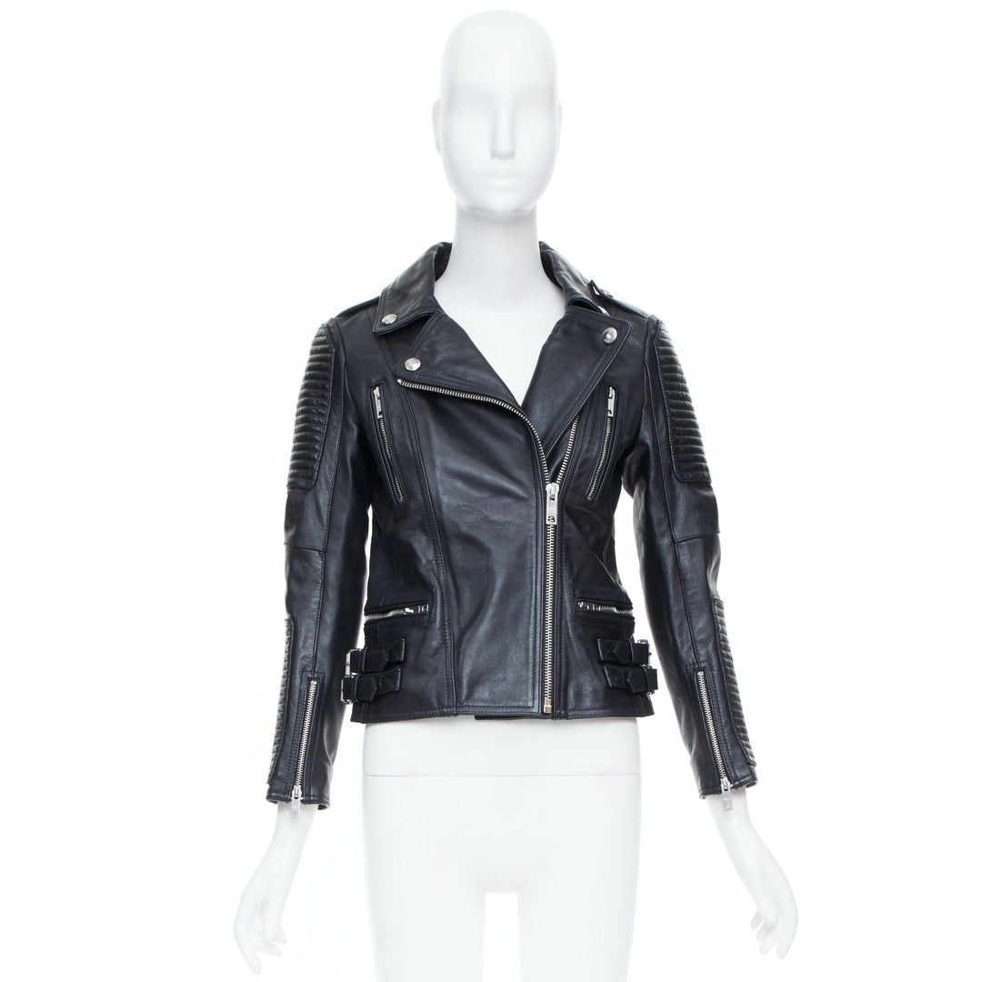 BURBERRY BRIT 2015 Loseley ribbed black cow grain leather moto jacket IT38 XS