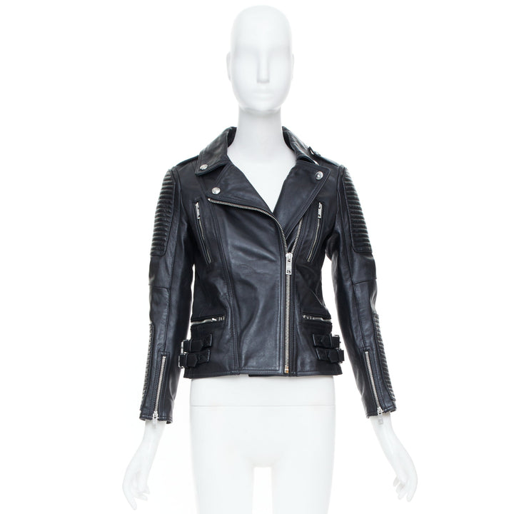 BURBERRY BRIT 2015 Loseley ribbed black cow grain leather moto jacket IT38 XS