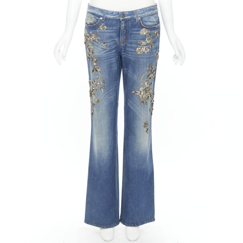 ROBERTO CAVALLI silver bead crystal floral embellished boot cut jeans IT42 M