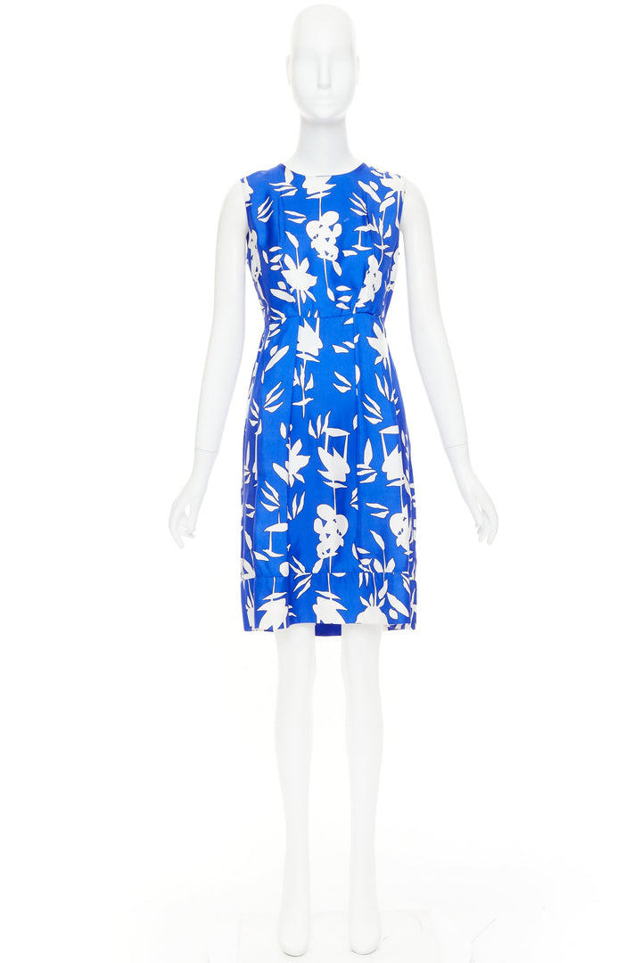 MARNI eletric blue white 100% silk abstrct floral pleated sheath dress IT42 M