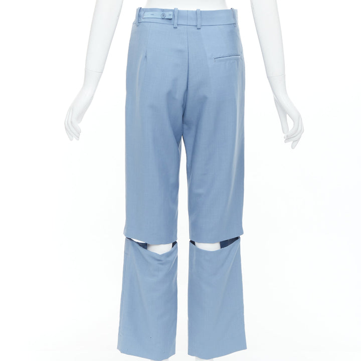 CELINE Phoebe Philo blue mohair wool knee cut out wide trousers FR36 S